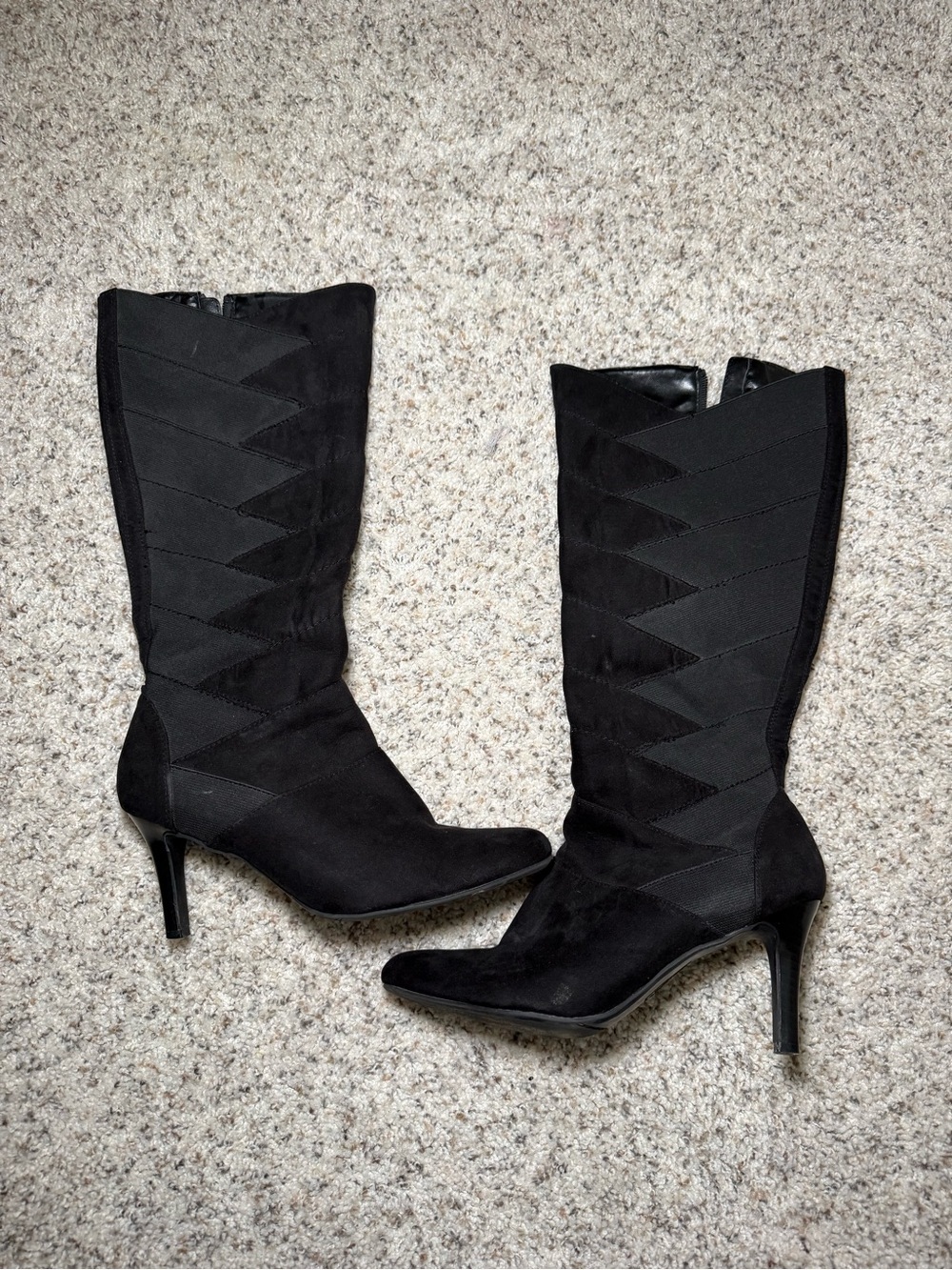 Madeline Black Mid-Calf Stiletto Heeled Boots Bandage Detail Pointed Toe